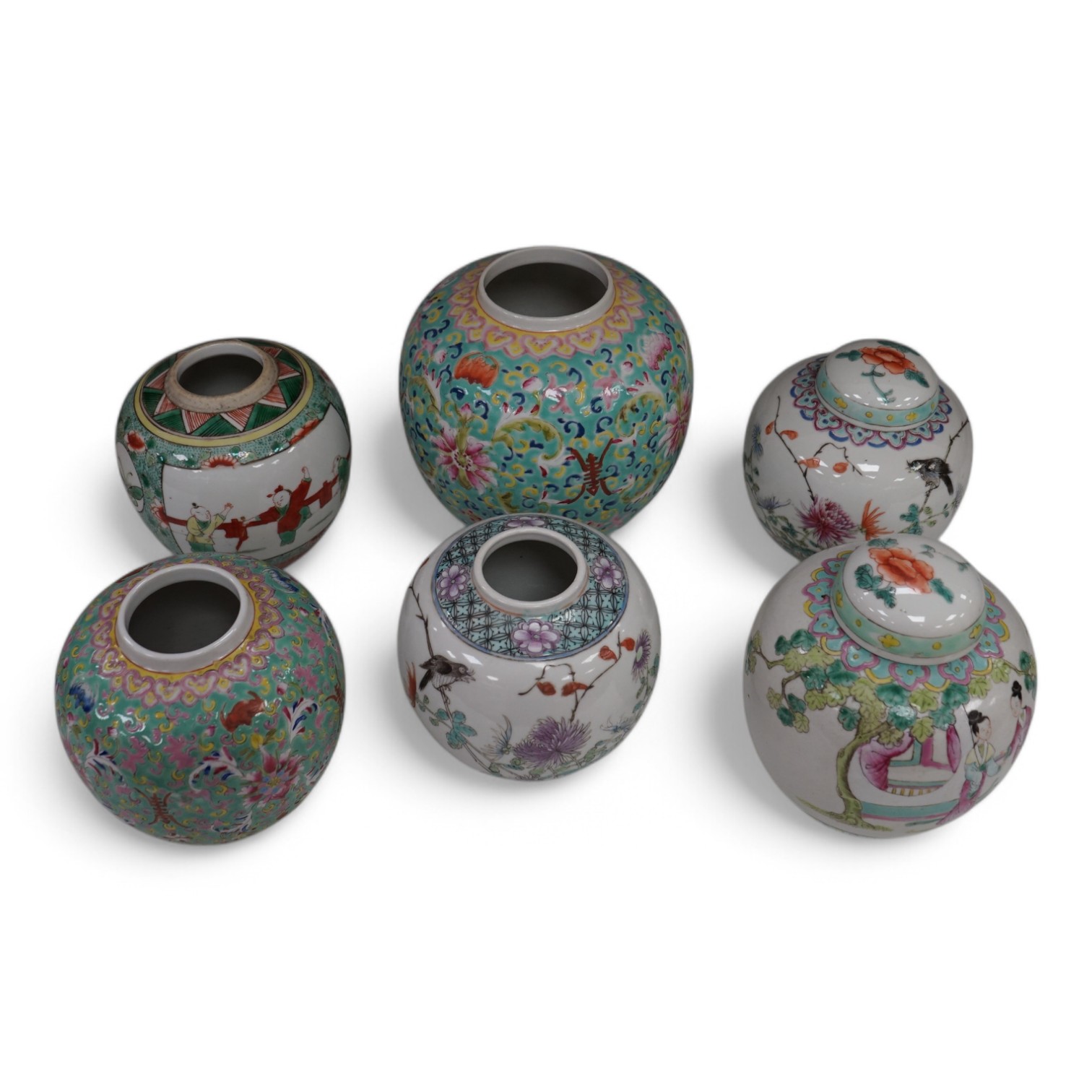 Six early 20th century Chinese enamelled porcelain jars, two with covers, largest 16cm high. Condition - fair, some cracks